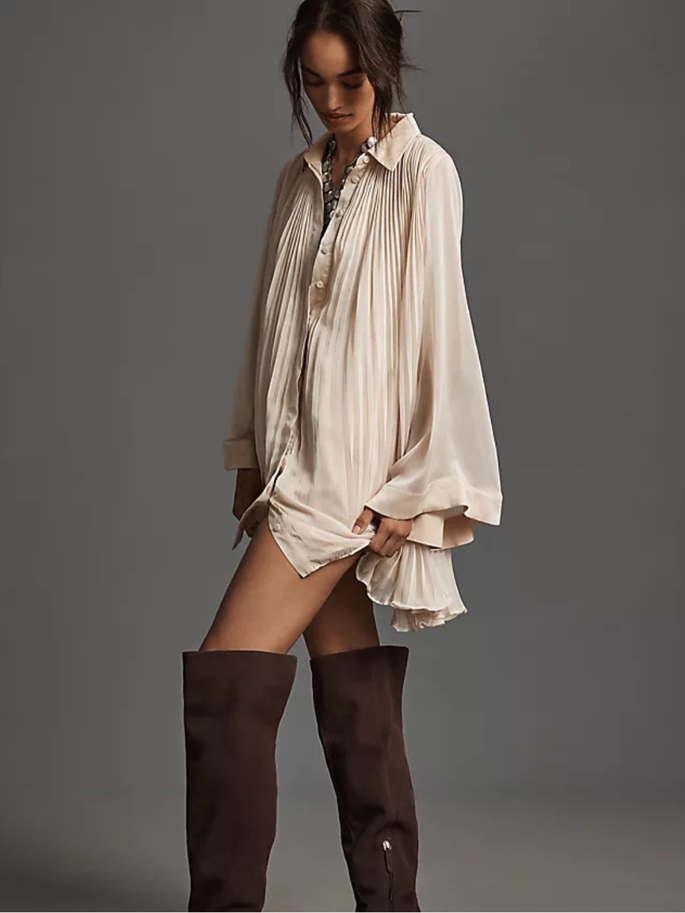 Maeve for Anthropologie Pleated Mini Shirt Dress  - Cream - large - Picture 2 of 8